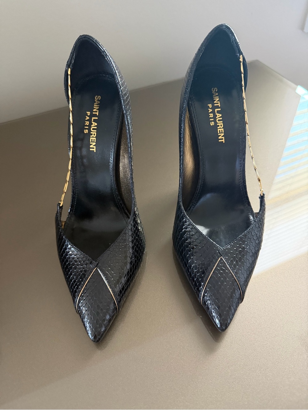 Saint Laurent Black Snakeskin Pointed Slingback Pumps with Gold Chain Trim